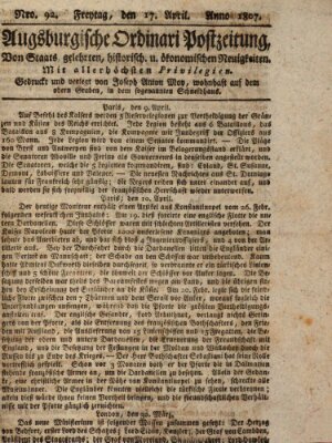 Augsburgische Ordinari Postzeitung von Staats-, gelehrten, historisch- u. ökonomischen Neuigkeiten (Augsburger Postzeitung) Freitag 17. April 1807