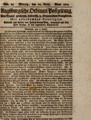 Augsburgische Ordinari Postzeitung von Staats-, gelehrten, historisch- u. ökonomischen Neuigkeiten (Augsburger Postzeitung) Montag 20. April 1807