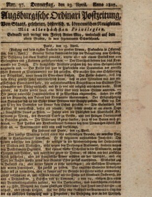 Augsburgische Ordinari Postzeitung von Staats-, gelehrten, historisch- u. ökonomischen Neuigkeiten (Augsburger Postzeitung) Donnerstag 23. April 1807