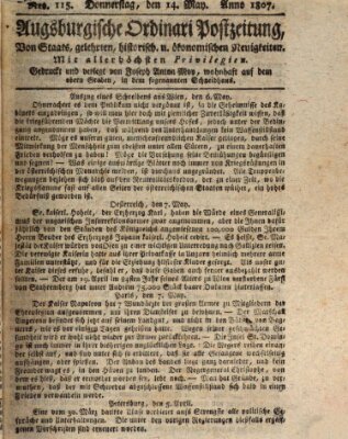 Augsburgische Ordinari Postzeitung von Staats-, gelehrten, historisch- u. ökonomischen Neuigkeiten (Augsburger Postzeitung) Donnerstag 14. Mai 1807