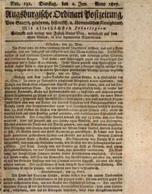 Augsburgische Ordinari Postzeitung von Staats-, gelehrten, historisch- u. ökonomischen Neuigkeiten (Augsburger Postzeitung) Dienstag 2. Juni 1807