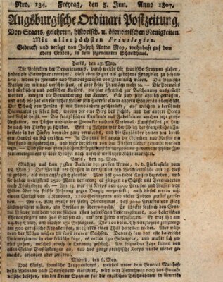 Augsburgische Ordinari Postzeitung von Staats-, gelehrten, historisch- u. ökonomischen Neuigkeiten (Augsburger Postzeitung) Freitag 5. Juni 1807