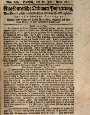 Augsburgische Ordinari Postzeitung von Staats-, gelehrten, historisch- u. ökonomischen Neuigkeiten (Augsburger Postzeitung) Samstag 20. Juni 1807