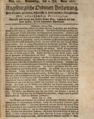 Augsburgische Ordinari Postzeitung von Staats-, gelehrten, historisch- u. ökonomischen Neuigkeiten (Augsburger Postzeitung) Donnerstag 2. Juli 1807