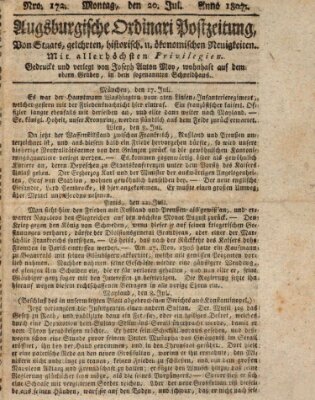 Augsburgische Ordinari Postzeitung von Staats-, gelehrten, historisch- u. ökonomischen Neuigkeiten (Augsburger Postzeitung) Montag 20. Juli 1807