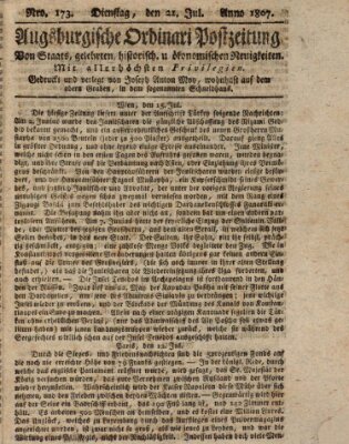 Augsburgische Ordinari Postzeitung von Staats-, gelehrten, historisch- u. ökonomischen Neuigkeiten (Augsburger Postzeitung) Dienstag 21. Juli 1807