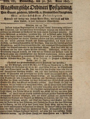 Augsburgische Ordinari Postzeitung von Staats-, gelehrten, historisch- u. ökonomischen Neuigkeiten (Augsburger Postzeitung) Donnerstag 30. Juli 1807