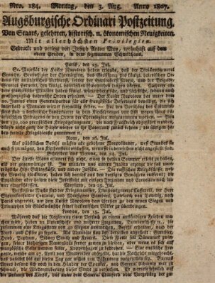 Augsburgische Ordinari Postzeitung von Staats-, gelehrten, historisch- u. ökonomischen Neuigkeiten (Augsburger Postzeitung) Montag 3. August 1807