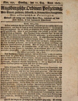 Augsburgische Ordinari Postzeitung von Staats-, gelehrten, historisch- u. ökonomischen Neuigkeiten (Augsburger Postzeitung) Dienstag 11. August 1807