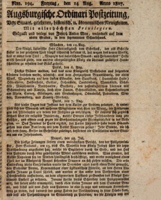 Augsburgische Ordinari Postzeitung von Staats-, gelehrten, historisch- u. ökonomischen Neuigkeiten (Augsburger Postzeitung) Freitag 14. August 1807