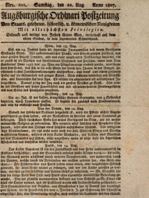 Augsburgische Ordinari Postzeitung von Staats-, gelehrten, historisch- u. ökonomischen Neuigkeiten (Augsburger Postzeitung) Samstag 22. August 1807