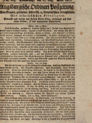 Augsburgische Ordinari Postzeitung von Staats-, gelehrten, historisch- u. ökonomischen Neuigkeiten (Augsburger Postzeitung) Donnerstag 27. August 1807