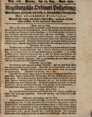 Augsburgische Ordinari Postzeitung von Staats-, gelehrten, historisch- u. ökonomischen Neuigkeiten (Augsburger Postzeitung) Freitag 28. August 1807