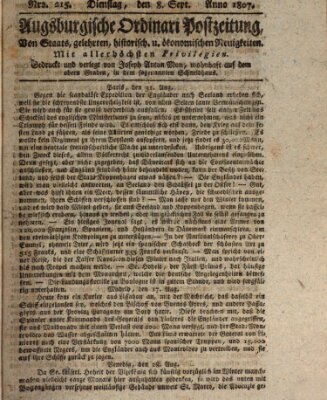 Augsburgische Ordinari Postzeitung von Staats-, gelehrten, historisch- u. ökonomischen Neuigkeiten (Augsburger Postzeitung) Dienstag 8. September 1807