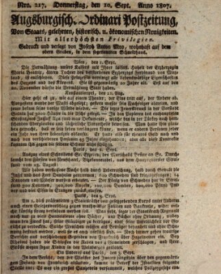 Augsburgische Ordinari Postzeitung von Staats-, gelehrten, historisch- u. ökonomischen Neuigkeiten (Augsburger Postzeitung) Donnerstag 10. September 1807