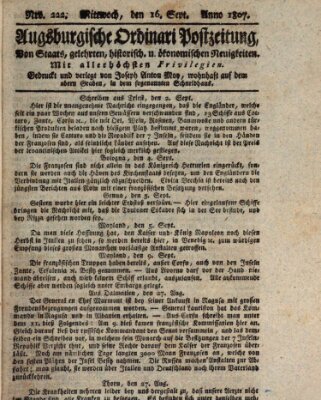 Augsburgische Ordinari Postzeitung von Staats-, gelehrten, historisch- u. ökonomischen Neuigkeiten (Augsburger Postzeitung) Mittwoch 16. September 1807