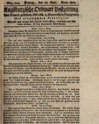 Augsburgische Ordinari Postzeitung von Staats-, gelehrten, historisch- u. ökonomischen Neuigkeiten (Augsburger Postzeitung) Freitag 18. September 1807