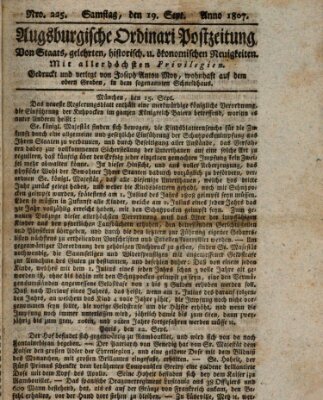 Augsburgische Ordinari Postzeitung von Staats-, gelehrten, historisch- u. ökonomischen Neuigkeiten (Augsburger Postzeitung) Samstag 19. September 1807