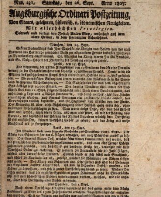 Augsburgische Ordinari Postzeitung von Staats-, gelehrten, historisch- u. ökonomischen Neuigkeiten (Augsburger Postzeitung) Samstag 26. September 1807