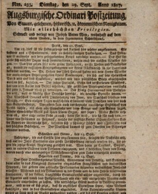 Augsburgische Ordinari Postzeitung von Staats-, gelehrten, historisch- u. ökonomischen Neuigkeiten (Augsburger Postzeitung) Dienstag 29. September 1807