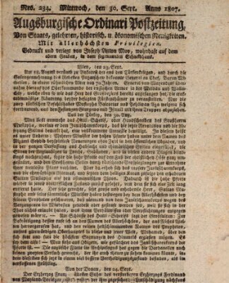 Augsburgische Ordinari Postzeitung von Staats-, gelehrten, historisch- u. ökonomischen Neuigkeiten (Augsburger Postzeitung) Mittwoch 30. September 1807