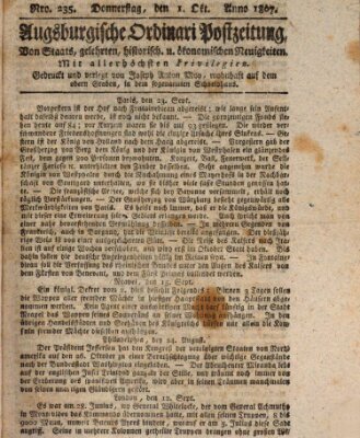 Augsburgische Ordinari Postzeitung von Staats-, gelehrten, historisch- u. ökonomischen Neuigkeiten (Augsburger Postzeitung) Donnerstag 1. Oktober 1807