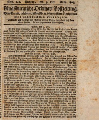 Augsburgische Ordinari Postzeitung von Staats-, gelehrten, historisch- u. ökonomischen Neuigkeiten (Augsburger Postzeitung) Freitag 9. Oktober 1807