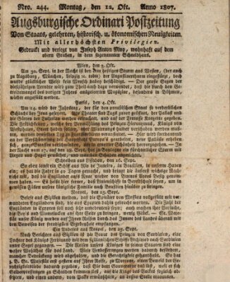 Augsburgische Ordinari Postzeitung von Staats-, gelehrten, historisch- u. ökonomischen Neuigkeiten (Augsburger Postzeitung) Montag 12. Oktober 1807