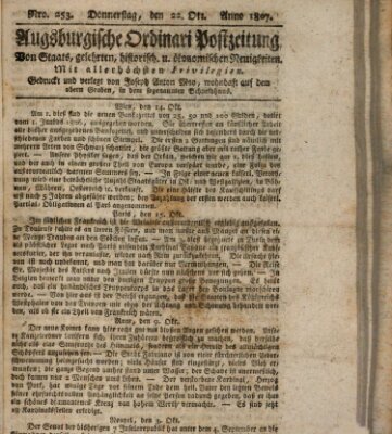 Augsburgische Ordinari Postzeitung von Staats-, gelehrten, historisch- u. ökonomischen Neuigkeiten (Augsburger Postzeitung) Donnerstag 22. Oktober 1807