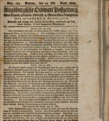 Augsburgische Ordinari Postzeitung von Staats-, gelehrten, historisch- u. ökonomischen Neuigkeiten (Augsburger Postzeitung) Freitag 23. Oktober 1807