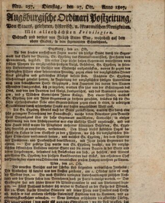 Augsburgische Ordinari Postzeitung von Staats-, gelehrten, historisch- u. ökonomischen Neuigkeiten (Augsburger Postzeitung) Dienstag 27. Oktober 1807