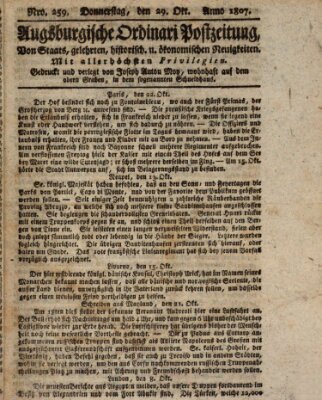 Augsburgische Ordinari Postzeitung von Staats-, gelehrten, historisch- u. ökonomischen Neuigkeiten (Augsburger Postzeitung) Donnerstag 29. Oktober 1807