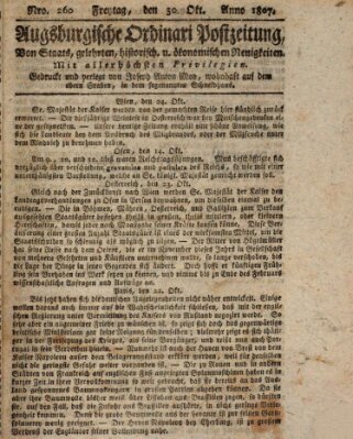 Augsburgische Ordinari Postzeitung von Staats-, gelehrten, historisch- u. ökonomischen Neuigkeiten (Augsburger Postzeitung) Freitag 30. Oktober 1807