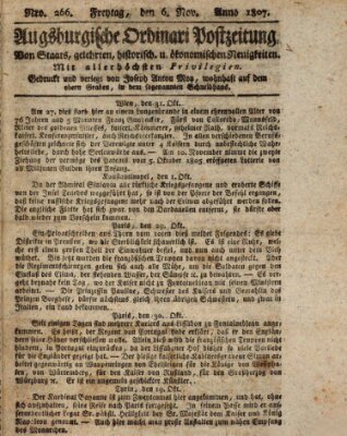 Augsburgische Ordinari Postzeitung von Staats-, gelehrten, historisch- u. ökonomischen Neuigkeiten (Augsburger Postzeitung) Freitag 6. November 1807