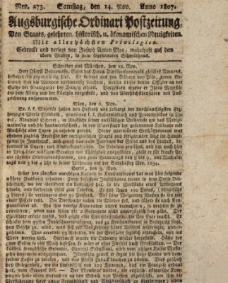 Augsburgische Ordinari Postzeitung von Staats-, gelehrten, historisch- u. ökonomischen Neuigkeiten (Augsburger Postzeitung) Samstag 14. November 1807