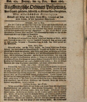 Augsburgische Ordinari Postzeitung von Staats-, gelehrten, historisch- u. ökonomischen Neuigkeiten (Augsburger Postzeitung) Freitag 13. November 1807