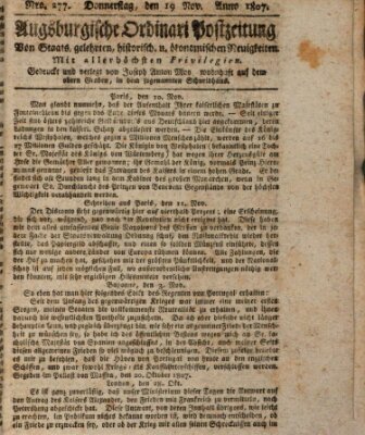 Augsburgische Ordinari Postzeitung von Staats-, gelehrten, historisch- u. ökonomischen Neuigkeiten (Augsburger Postzeitung) Donnerstag 19. November 1807