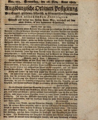 Augsburgische Ordinari Postzeitung von Staats-, gelehrten, historisch- u. ökonomischen Neuigkeiten (Augsburger Postzeitung) Donnerstag 26. November 1807