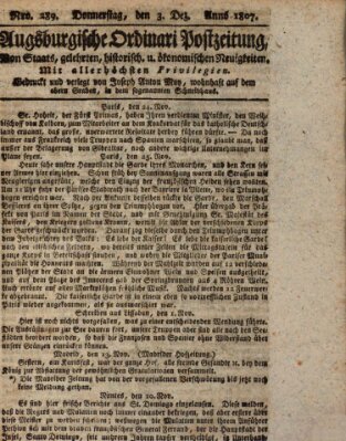 Augsburgische Ordinari Postzeitung von Staats-, gelehrten, historisch- u. ökonomischen Neuigkeiten (Augsburger Postzeitung) Donnerstag 3. Dezember 1807