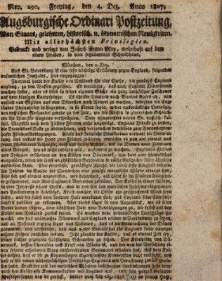 Augsburgische Ordinari Postzeitung von Staats-, gelehrten, historisch- u. ökonomischen Neuigkeiten (Augsburger Postzeitung) Freitag 4. Dezember 1807