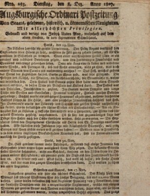 Augsburgische Ordinari Postzeitung von Staats-, gelehrten, historisch- u. ökonomischen Neuigkeiten (Augsburger Postzeitung) Dienstag 8. Dezember 1807