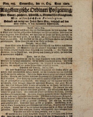 Augsburgische Ordinari Postzeitung von Staats-, gelehrten, historisch- u. ökonomischen Neuigkeiten (Augsburger Postzeitung) Donnerstag 10. Dezember 1807