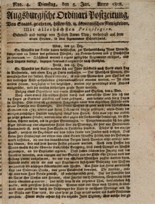 Augsburgische Ordinari Postzeitung von Staats-, gelehrten, historisch- u. ökonomischen Neuigkeiten (Augsburger Postzeitung) Dienstag 5. Januar 1808