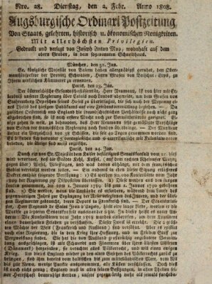 Augsburgische Ordinari Postzeitung von Staats-, gelehrten, historisch- u. ökonomischen Neuigkeiten (Augsburger Postzeitung) Dienstag 2. Februar 1808