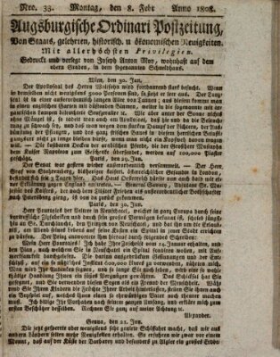 Augsburgische Ordinari Postzeitung von Staats-, gelehrten, historisch- u. ökonomischen Neuigkeiten (Augsburger Postzeitung) Montag 8. Februar 1808