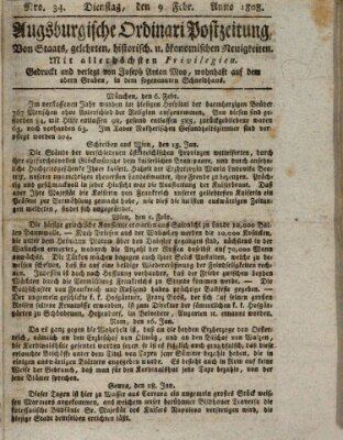 Augsburgische Ordinari Postzeitung von Staats-, gelehrten, historisch- u. ökonomischen Neuigkeiten (Augsburger Postzeitung) Dienstag 9. Februar 1808