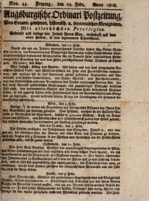 Augsburgische Ordinari Postzeitung von Staats-, gelehrten, historisch- u. ökonomischen Neuigkeiten (Augsburger Postzeitung) Freitag 19. Februar 1808