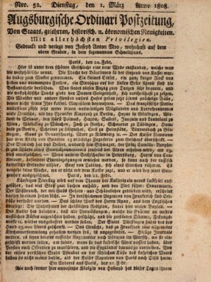 Augsburgische Ordinari Postzeitung von Staats-, gelehrten, historisch- u. ökonomischen Neuigkeiten (Augsburger Postzeitung) Dienstag 1. März 1808