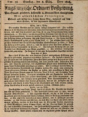 Augsburgische Ordinari Postzeitung von Staats-, gelehrten, historisch- u. ökonomischen Neuigkeiten (Augsburger Postzeitung) Dienstag 8. März 1808