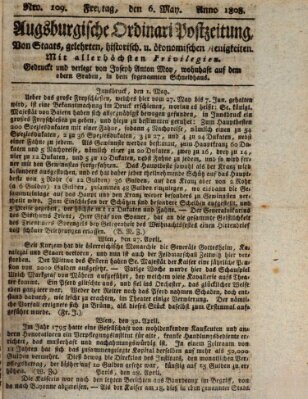 Augsburgische Ordinari Postzeitung von Staats-, gelehrten, historisch- u. ökonomischen Neuigkeiten (Augsburger Postzeitung) Freitag 6. Mai 1808